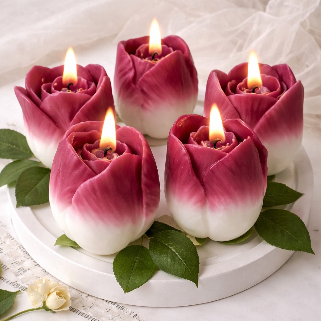 Velas artesanais em formato de tulipa, acesas